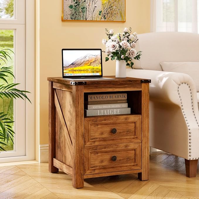 Vipbear 18" Nightstand with Charging Station Brown Farmhouse End Table with Two Drawers Wood Night Stand Modern Bedside End Table with Open Shelf Storage Space for Bedroom,Closet by VipbearLiving