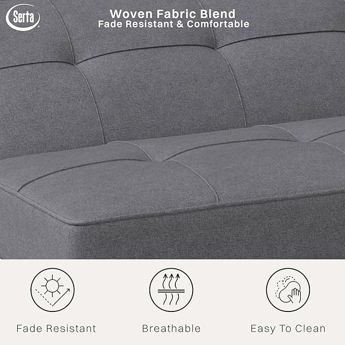 Serta® Rane Futon Sofa Bed 66.1", 3-in-1 Convertible Couch Sleeper for Small Spaces, Tufted Back, Twin Size Guest Bed, Chracoal Woven Fabric