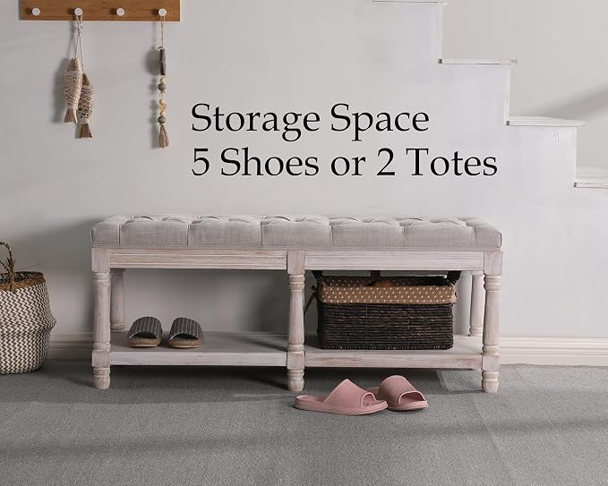 Farmhouse Storage Bench Wooden Entryway Upholstered Tufted Ottoman Bench for Bedroom End of Bed Hallway Organizer, Beige - Image 3