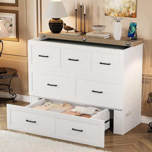 Bellemave Full Size Murphy Bed, Cabinet Bed with Charging Station and 1 Large Storage Drawer, Farmhouse Murphy Cabinet with Foldable Panel, Noisy Free, for Guest Bedroom, Living Room, White