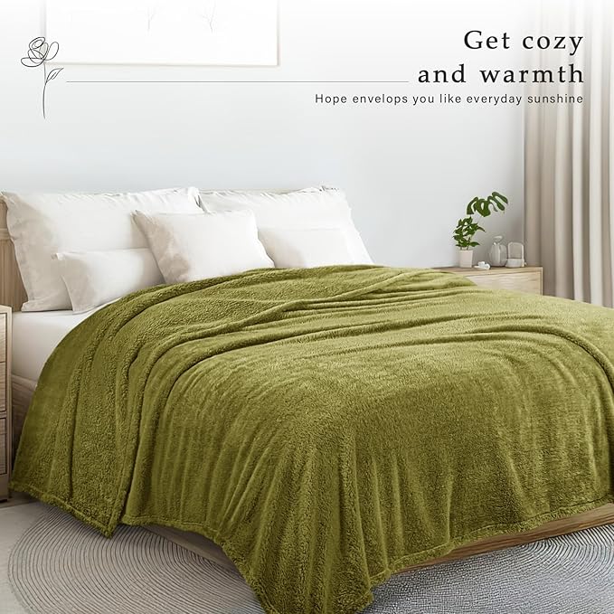 Exclusivo Mezcla King Size Blanket for Bed, Super Soft Velvet Plush Fleece Blankets, Fuzzy Cozy and Warm for Winter, 90x104 Inches, Olive Green