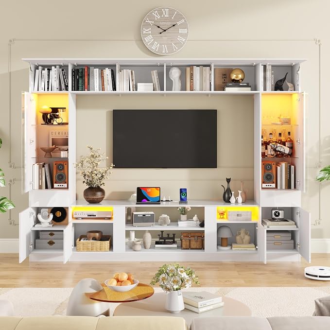 St.Mandyu 107" W Large Wall Unit TV Stand, Modern High Glossy Entertainment Center with Bookshelves and Storage, Media Console with LED Lights & Bridge Cabinet for TVs Up to 85", White - Image 8