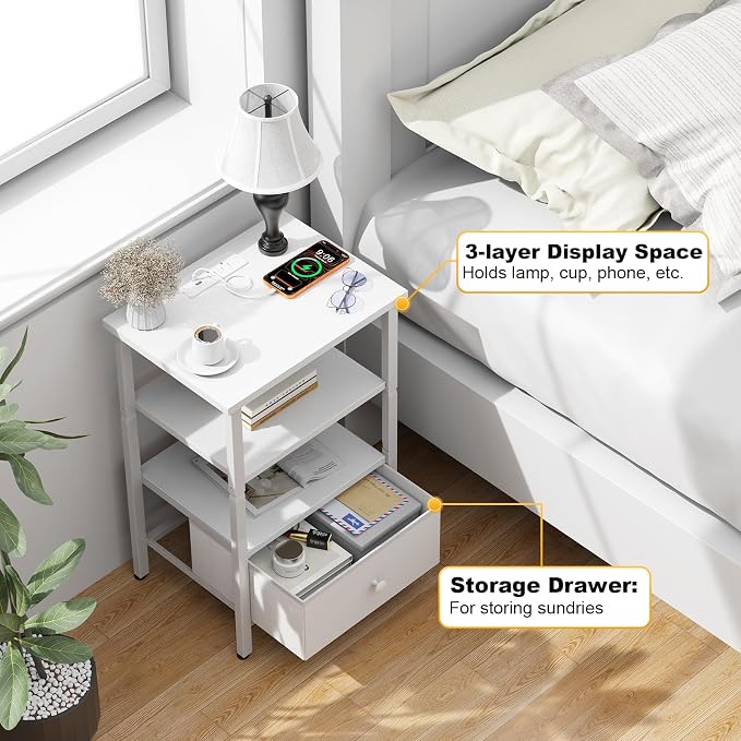 Side Table with Charging Station, Nightstand with Adjustable Fabric Drawer, Bedside Table for Bedrooms, Living Rooms & Home Decor (White) - Image 5