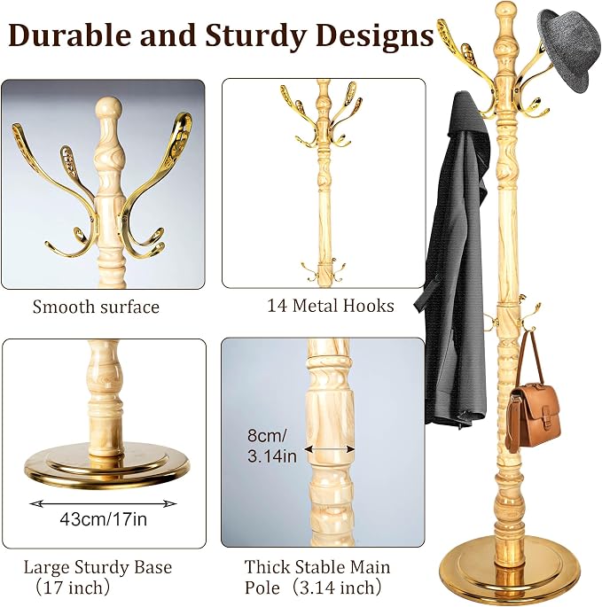Vintage Coat Rack Free Standing with 14 Metal Hooks, Solid Wood Coat Hanger Stand Adjustable Size, Standing Coat Rack Tree with Sturdy Metal Base for Entryway,Bedroom,Hallway,Office,Apartment - Image 4