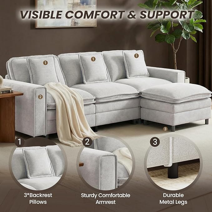 Modular Sectional Sofa 107", Comfy Cloud Couch with Ottoman, Deep 4-Seat L Shaped Modular Sofa, Couches with Throw Pillows for Living Room, Beige