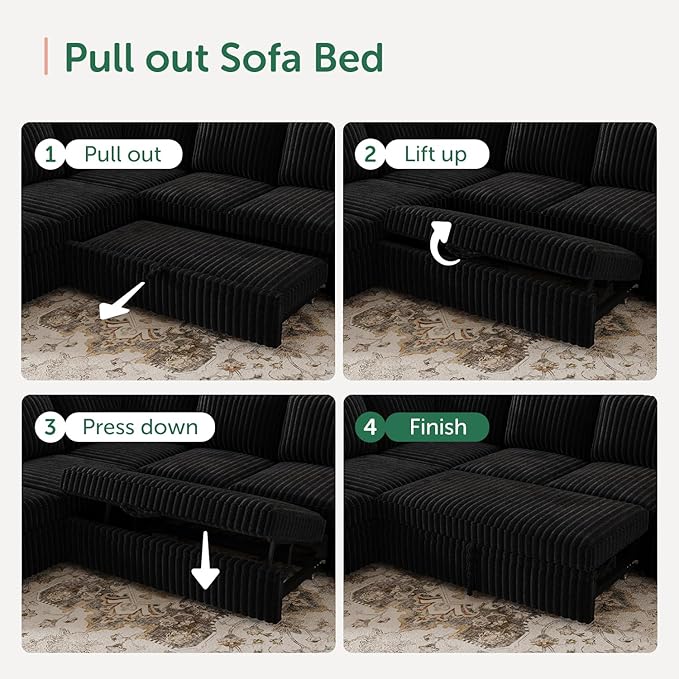 HONBAY Modular Sectional Sleeper Sofa with Pull Out Bed,Corduroy U Shaped Couch with Storage, Sectional Couches for Living Room,Black