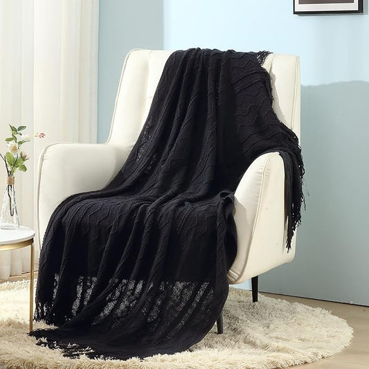 CREVENT Knitted Decorative Throw Blanket for Couch Sofa Chair Bed???Soft Warm Cozy Light Weight for Spring Summer (50''X60'' Black)