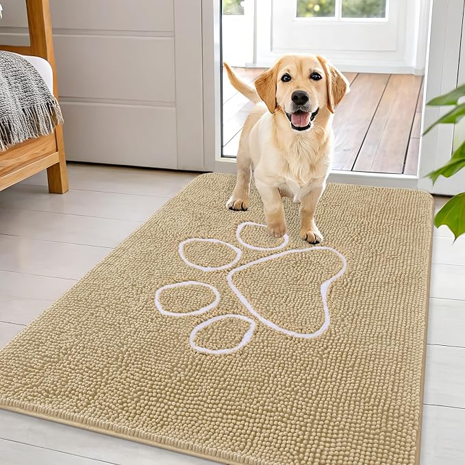 OLANLY Dog Door Mat for Muddy Paws 44x32, Paw Print Design, Absorbs Moisture and Dirt, Absorbent Non-Slip Washable Doormat, Quick Dry Chenille Mud Mat for Dogs, Entry Indoor Entryway Carpet, Beige by OLANLY