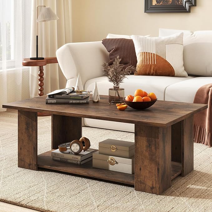 GOFLAME Coffee Table with Storage, Modern Center Table for Small Space, Accent Tea Tables for Living Room, Reception Room, Dining Room, Easy Assembly, Rustic Brown