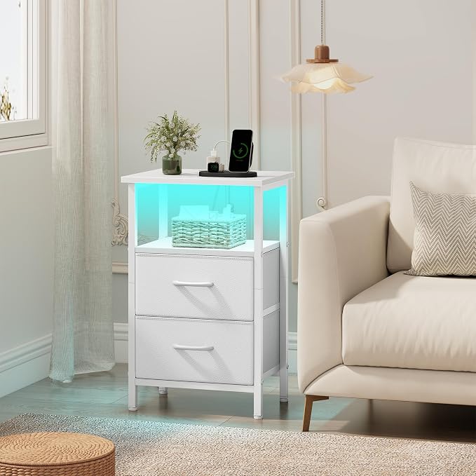 Vagusicc White Night Stand with Charger Station, LED Nightstand with 2 Fabric Drawers, Bedside Table with USB Ports and Outlets, Bed Side Tables with Storage Shelf, 24.2" Tall Nightstand for Bedroom - Image 7