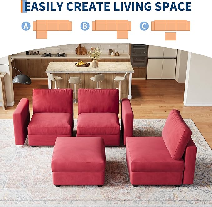 GarveeHome 104" Modular Sectional Sofa, 4 Seater Sectional Couch, L Shaped Sofa with Ottoman, Oversized Convertible Modular Couch for Living Room Apartment Office, Chenille Red