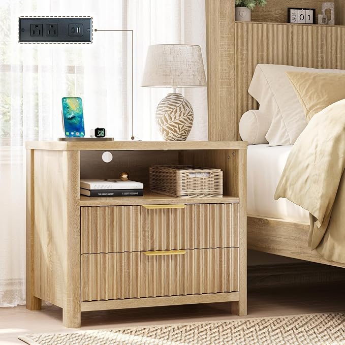 CypBed 23.8" Wide Fluted Nightstand with Charging Station, 24'' Tall Modern Wood Night Stand with 2 Drawers, Bedside Table with Curved Profile Design, End Table for Bedroom, Natural Oak, 1 Pcs by CypBedCozyHomeLiving