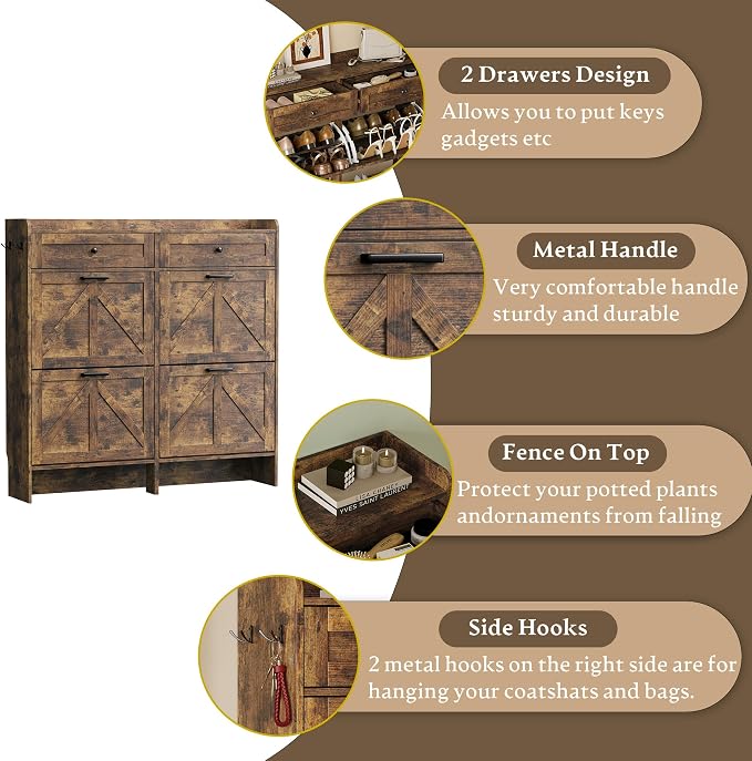 BORNOON Shoe Storage Cabinet for Entryway, Farmhouse Wide Shoe Cabinet with 4 Flip Drawers and 2 Top Drawers, Freestanding Organizer with Adjustable Shelves, Hooks, and Anti-Tip Kit for Hallway - Image 6