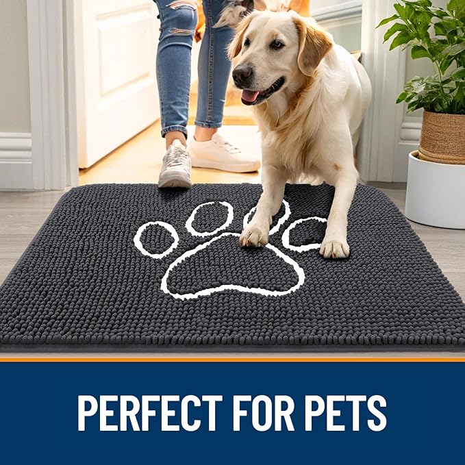 OLANLY Dog Door Mat for Muddy Paws 59x24, Paw Print Design, Absorbs Moisture and Dirt, Absorbent Non-Slip Washable Doormat, Quick Dry Chenille Mud Mat for Dogs, Entry Indoor Entryway Carpet, Dark Grey - Image 6