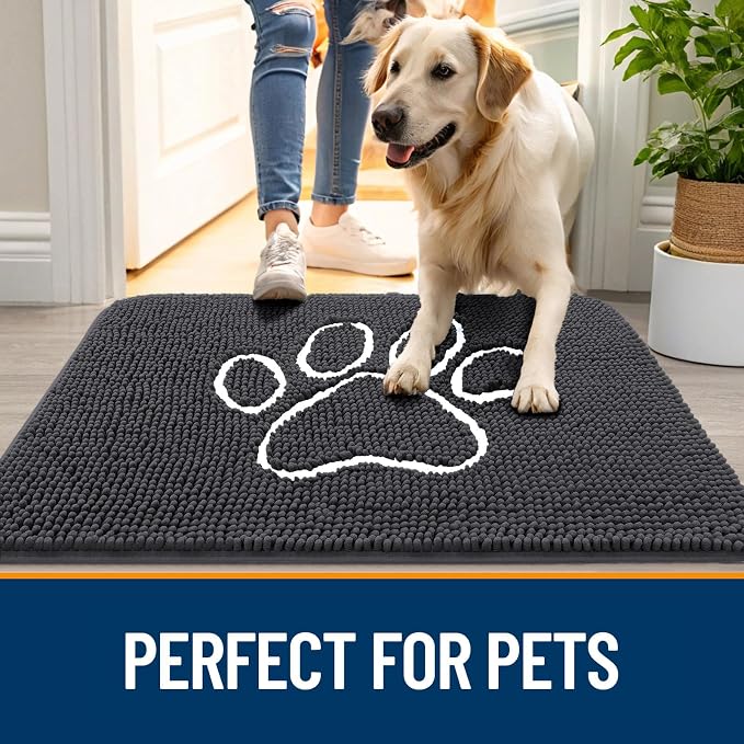 OLANLY Dog Door Mat for Muddy Paws 47x17, Paw Print Design, Absorbs Moisture and Dirt, Absorbent Non-Slip Washable Doormat, Quick Dry Chenille Mud Mat for Dogs, Entry Indoor Entryway Carpet, Dark Grey - Image 6