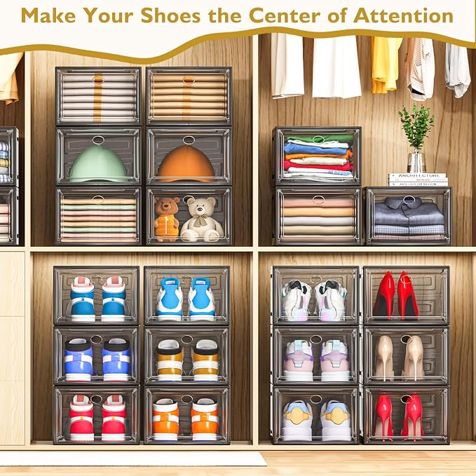 7 code Large Clear Shoe Boxes Organizer【Thicker Material】 Stronger Shoe Box with Magnetic Door, Stackable Shoe Storage Box for Closet, Foldable Space-Saving Storage Bins Shoe Cabinet, Black 9-Pack - Image 2