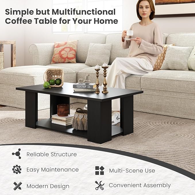 GOFLAME Coffee Table with Storage, Modern Center Table for Small Space, Accent Tea Tables for Living Room, Reception Room, Dining Room, Easy Assembly, Black