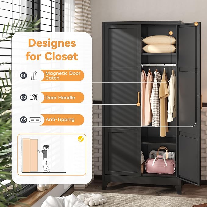 INTERGREAT 71” H Metal Wardrobe Cabinets with 2 Doors, Large Clothing Storage Cabinets with Hanging Rod and Adjustable Shelves, Closet for Home Living/Laundry Room/Department (Black)