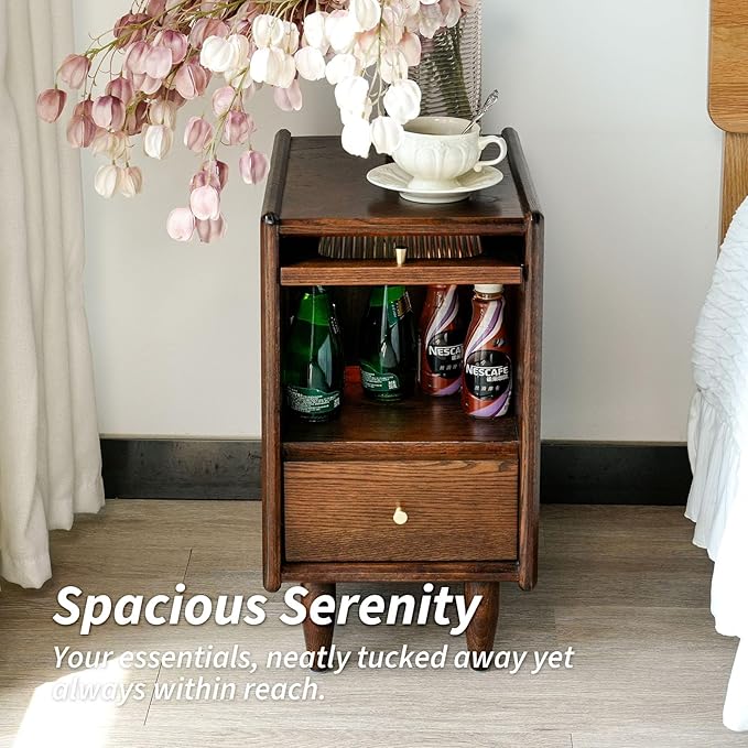 Mid Century Modern Narrow Nightstand with Drawers, Solid Wood Oak Bedside Table, Side Table, 11.81 W x 15.75 D x 21.26 H Inches, Walnut - Image 6
