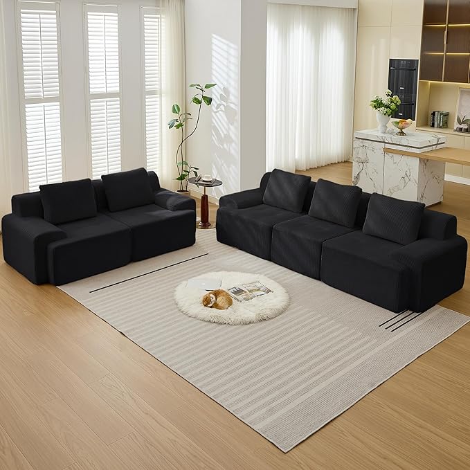 Modular Sectional Sofa, 6 Seat Modular Couch, Modular Sofa with Deep Seat and Detachable Pillow (Black, Rowshape 2 Side)