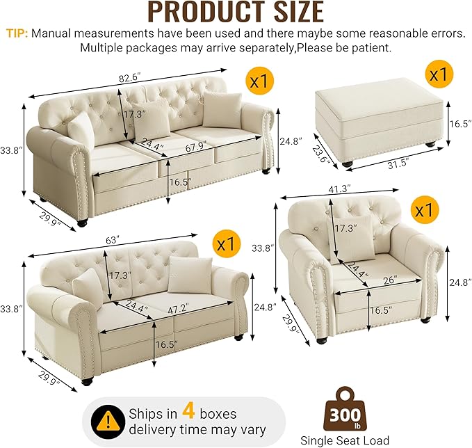 KEIKI 3-Piece Chesterfield Sofa Set with 1 Velvet 3-Seater Sofa & 1 Loveseat & 1 Single Sofa, 6-Seater Couch Set with Nailhead Trim & Rolled Arms & 1 Ottoman & 6 Pillow, for Living Room, White