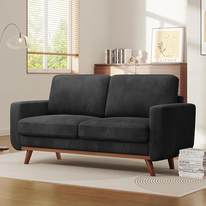 68" Black Corduroy Loveseat Sofa, Comfy Deep Seat Couch with Spring Cushion & Solid Wood Frame, Modern 2-Seater Sofa for Living Room Bedroom Office