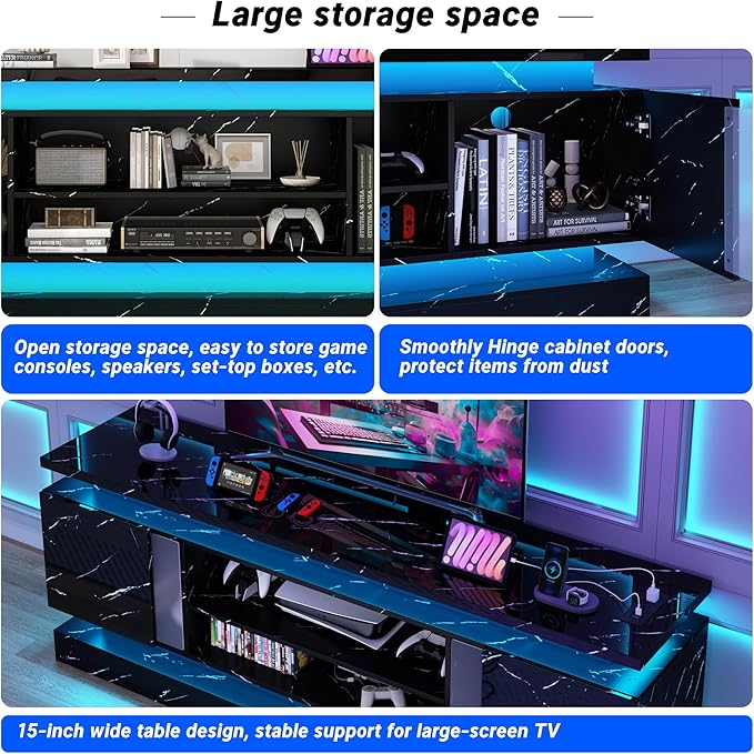 chartustriable 71IN LED TV Stands w/Power Outlet for 85/80/75 Inch TVs,High Gloss Modern Tall Entertainment Center TV Media Console Gaming w/2 Storage Cabinets,Dual LED Lights,Black Marble - Image 4