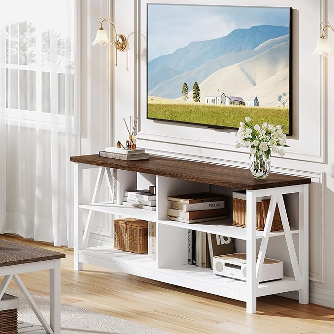 ChooChoo Farmhouse TV Stand for TVs up to 55 Inch, Modern Entertainment Center with 4 Open Shelves & Built-in Cable Holes, Media TV Console for Living Room, Bedroom, White - Image 2