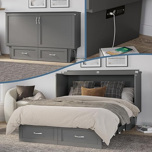 AFI, Chelsea Mid-Century Modern Queen Solid Wood Murphy Bed Chest with 6" Mattress, Storage Drawer & Built-in USB Charger, Grey
