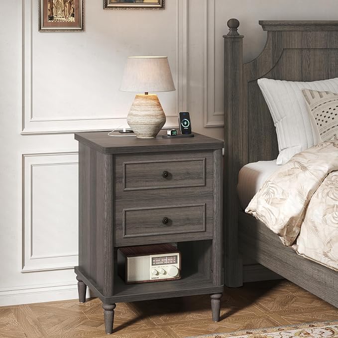 Bestier Nightstand Set of 2, 26.7" Farmhouse Night Stand with Chargeing Station, Wood Modern Nightstand with 2 Drawers & Shelf, Bed Side Table with Outlets & Ports, End Table for Bedroom, Black - Image 8
