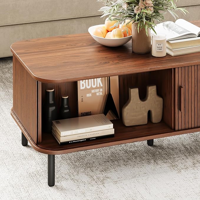 Coffee Table with Storage, 47.2" Mid Century Modern Coffee Tables for Living Room, Rectangle Wood Center Table with Sliding Tambour Door & Adjustable Leg for Living Room, Walnut