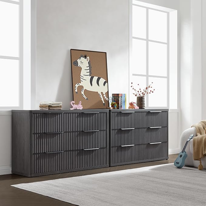 SICOTAS Dresser for Bedroom 107" Wide 6 Drawer Dressers & Chests of Drawers for Closet Long Large Modern TV Stand Set for Clothes Storage Fluted Clothes Closet for Hallway Entryway, Dark Grey Alder - Image 8