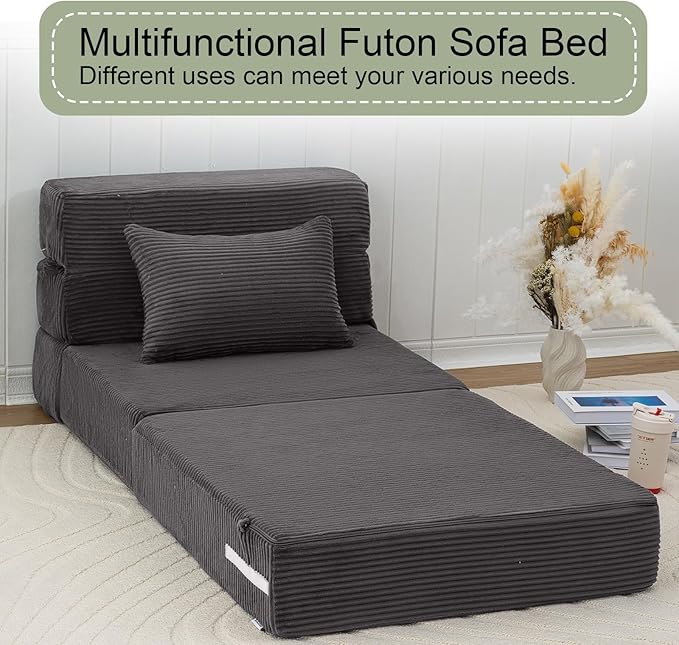 MeMoreCool Boneless Folding Chair Bed – Dark Grey Corduroy Single Sleeper Sofa, 4-in-1 Convertible Futon Couch with Pillow, Compact Fold-Out Floor Mattress with Washable Cover for Bedroom, Guest Room