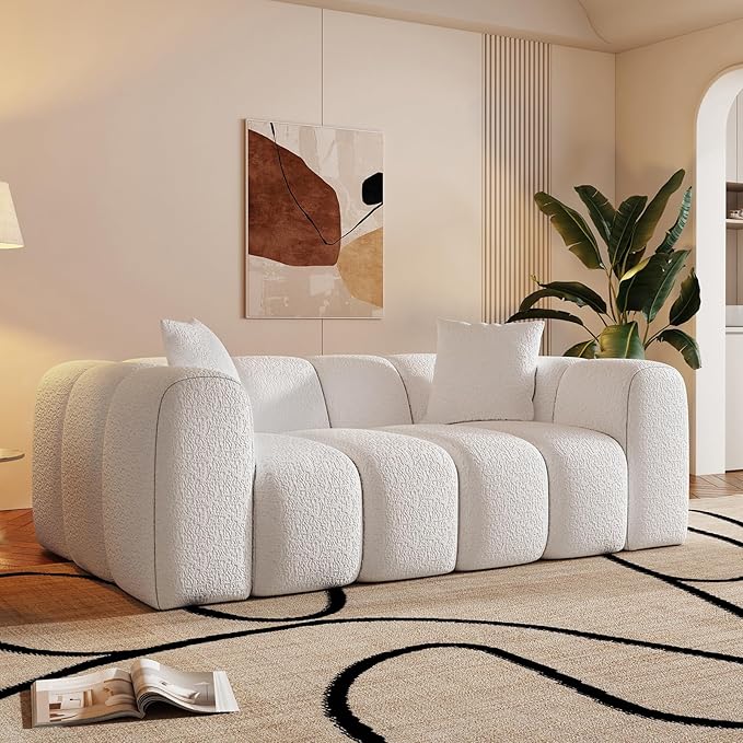 70" Modern Chenille Fabric Sofa Couch – One-Piece Memory Foam 3-Seater Sofa with Rounded Arms, Soft & Cozy Upholstery for Living Room (White)