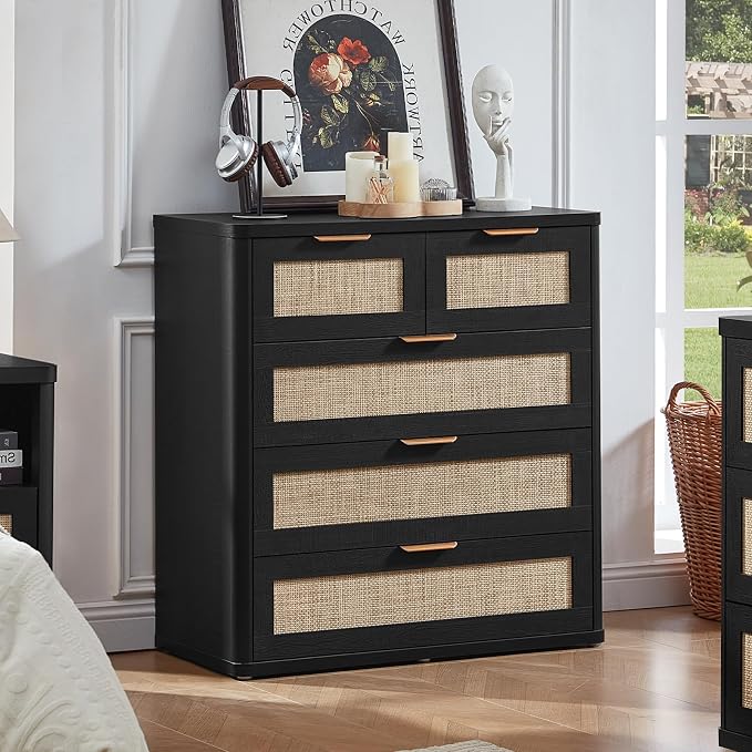 LEYAOYAO Rattan Dresser for Bedroom Set of 2, 33.5" Tall Chest of Drawers, Modern 5 Drawers Boho Dressers with Storage, Light Oak Dresser Wooden Closet Organizer for Living Room, Hallway, Black by LEYAOYAO-Findtheshiningpointofyourideallife%EF%BC%81
