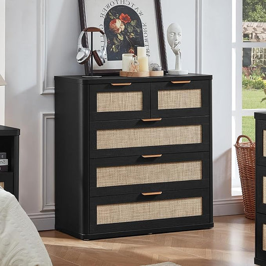 LEYAOYAO Rattan Dresser for Bedroom Set of 2, 33.5" Tall Chest of Drawers, Modern 5 Drawers Boho Dressers with Storage, Light Oak Dresser Wooden Closet Organizer for Living Room, Hallway, Black by LEYAOYAO-Findtheshiningpointofyourideallife%EF%BC%81