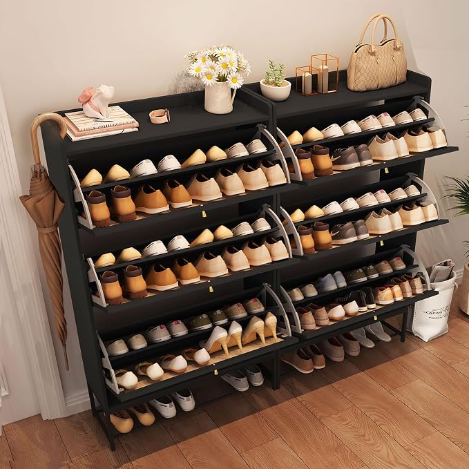 AVZEAR Shoe Cabinet, Shoe Cabinet Freestanding Tipping Bucket Shoe Rack Organizer with 3 Flip Drawers, Modern Entryway Narrow Shoe Rack for Entryway, Hallway, Bedroom (Black) - Image 7