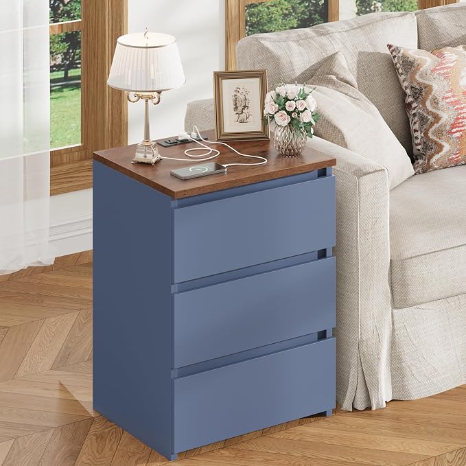 FOTOSOK Nightstand, 26" H Night Stand with Charging Station, Nightstand with USB Ports & Power Outlets, Silent Slides, Wooden End Side Table Bedside Table with 3 Drawers for Bedroom, Blue - Image 5