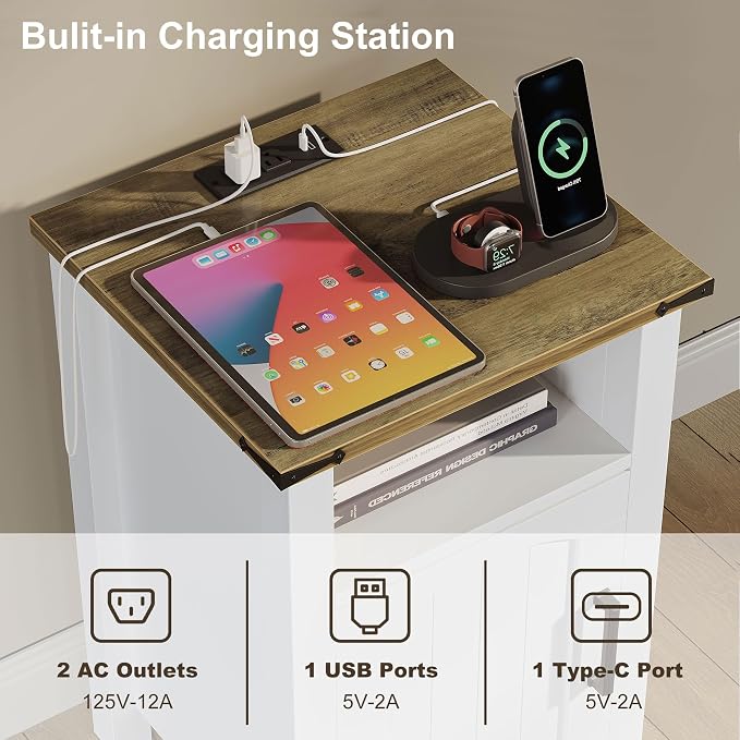 Farmhouse Nightstand with Charging Station, Set of 2 End Table with USB/Type-C Ports, Rustic Bedside Table with Large Storage and Open Shelf, Modern Side Table for Bedroom, Pure White + Walnut - Image 4