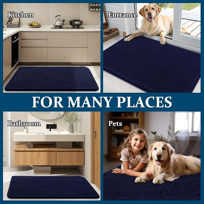 OLANLY Dog Door Mat for Muddy Paws 48x30, Absorbs Moisture and Dirt, Absorbent Non-Slip Washable Doormat, Quick Dry Chenille Mud Mat for Dogs, Entry Indoor Entryway Carpet for Inside Floor, Navy Blue - Image 8