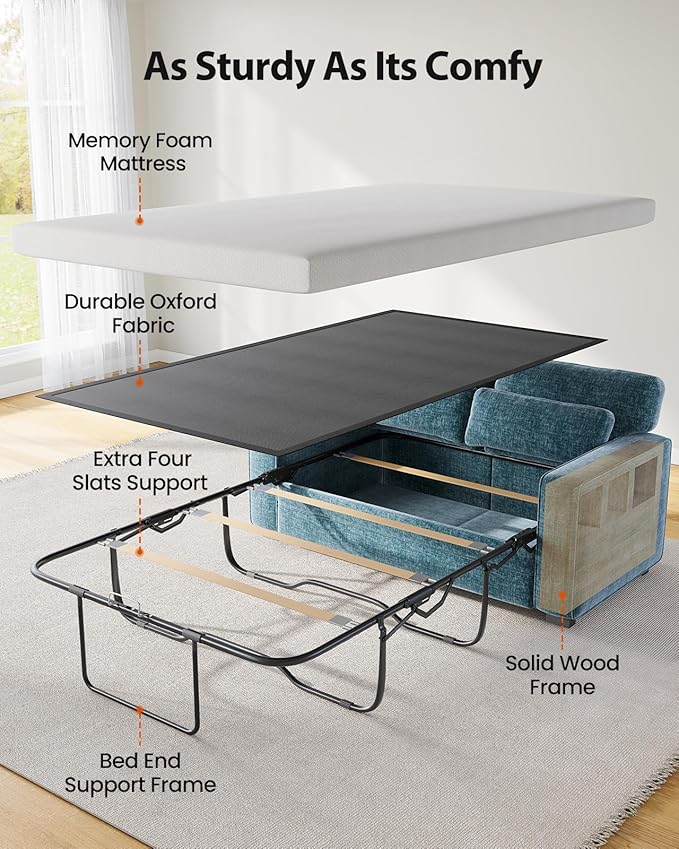 Marsail Pull Out Sofa Bed, Queen Size Sleeper Sofa with Memory Foam Mattress, 2 USB Charging and Removable Covers, Loveseat for Living Room, Apartment, Supports 600 LBS, Chenille Fabric, Blue