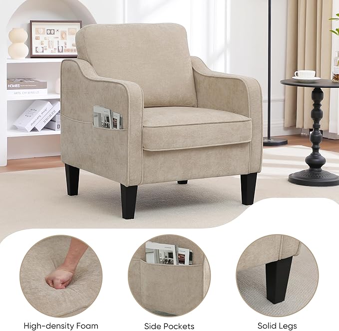 Accent Chair for Living Room, Mid Century Modern Reading Chair for Bedroom, Upholstered Armchair with Side Pockets, Comfy Single Sofa Side Chair for Office, Apartment, Small Room, Light Brow