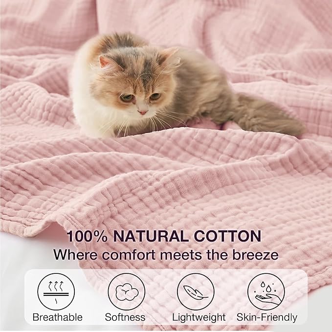 100% Cotton Muslin Blanket Twin 66" x 90", 6 Layers Breathable and Lightweight Cotton Blankets for Couch, Soft Cooling Summer Gauze Blanket for Adults All Season, Dusty Rose‌