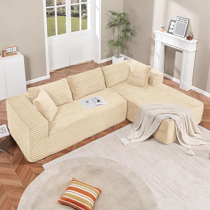 LUCKLIFE Modular Sectional Couch with L-Shape Chaise,Corduroy Upholstery Boneless Couches for Living Room,Oversized Sleeper Sofa,No Assembly Required (Beige, L Shape with Right Facing Chaise)