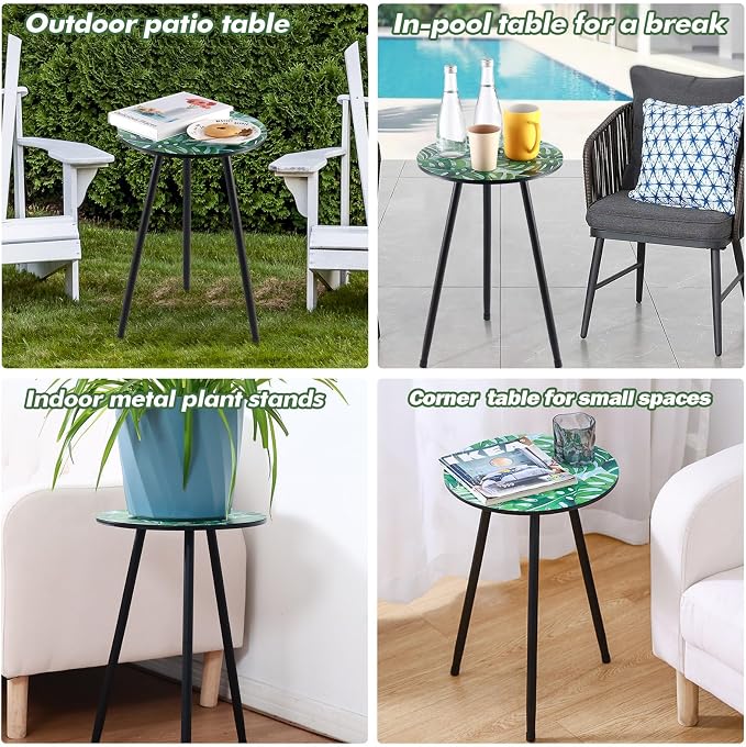 Metal Outdoor Side Tables Set of Two Small Outside Round End Table for Patio Modern Accent Garden Corner Table for Small Spaces, Balcony, Porch, Weather-Resistant, Plant Stand Indoor, Green Leaves - Image 7