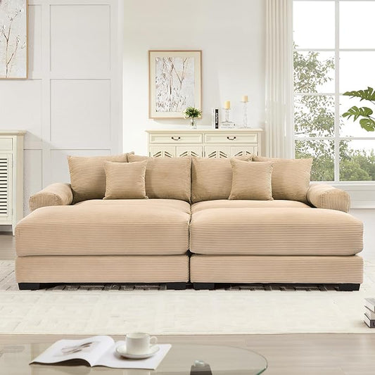 KEIKI 83" Oversized Corduroy Modular Sectional Loveseat Sofa with 2 Ottoman, High-Density Foam Cushion, Extra-Thick Armrest, Modern 2-Seater Fluffy Corner Couch with 6 Pillow, for Living Room, Camel
