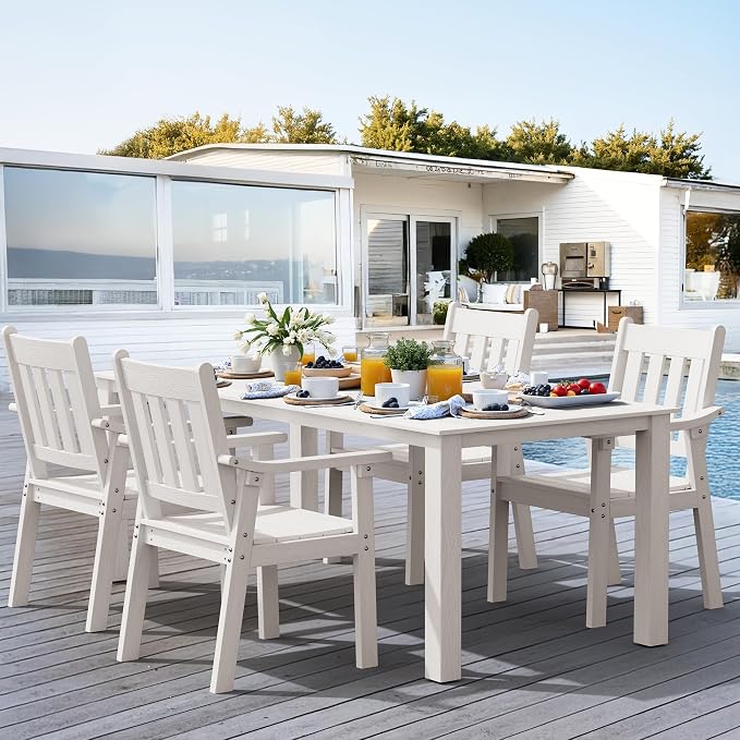 YEFU HIPS Patio Table Set: 5 Piece Outdoor Table and Chairs Dining Furniture Set with Umbrella Hole - White Modern Plastic Dining Sets 4 Person for Outside Deck with Metal Aluminum Frame by YEFU