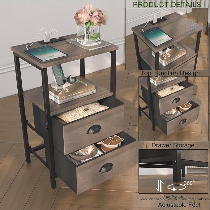 sthmec Nightstand with Charging Station, LED Night Stand with 2 Fabric Drawers, Grey Bedside Tables End Table with Drawers, 2-Tier Storage Side Table Nightstand with Drawers for Bedroom, Grey - Image 5