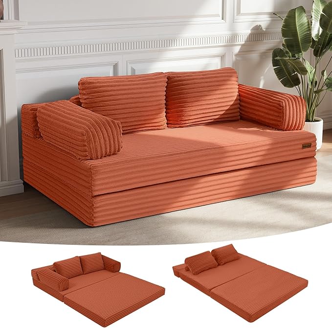 MeMoreCool Convertible Sofa Bed, Folding Floor Couch Bed Queen, Pull Out Sleeper Couch with Pillows, Fold Out Futon Sofa for Bedroom Living Room Small Space, Corduroy Orange