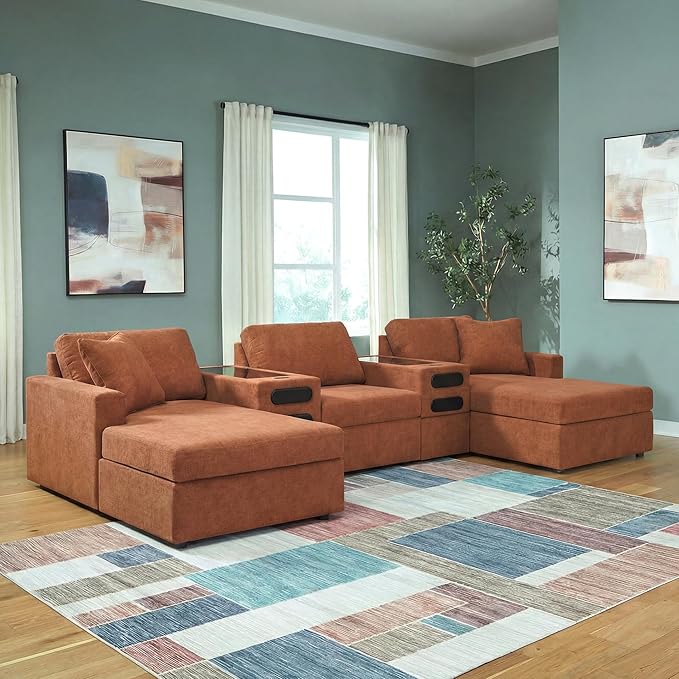 Signature Design by Ashley Modern Modmax Stain Resistant U-Shape Symmetrical 5-Piece Double Chaise with Audio Consoles and Reversible Cushion, Orange